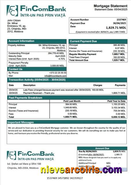 Moldova FinComBank mortgage statement Word and PDF template